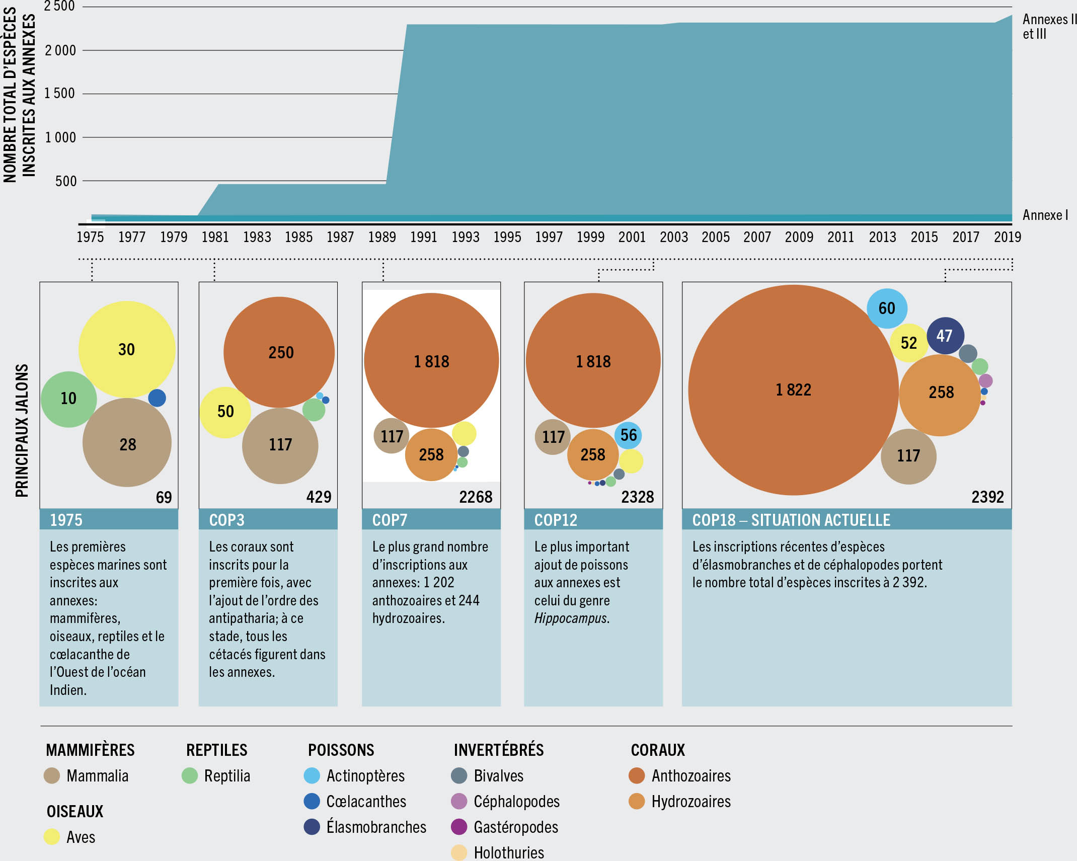 SOURCE: Adapté de Pavitt, A., Malsch, K., King, E., Chevalier, A., Kachelriess, D., Vannuccini, S. et Friedman, K. 2021. CITES and the sea: Trade in commercially exploited CITES-listed marine species. Document technique de la FAO sur les pêches et l’aquaculture n° 666. Rome. https://doi.org/10.4060/cb2971en