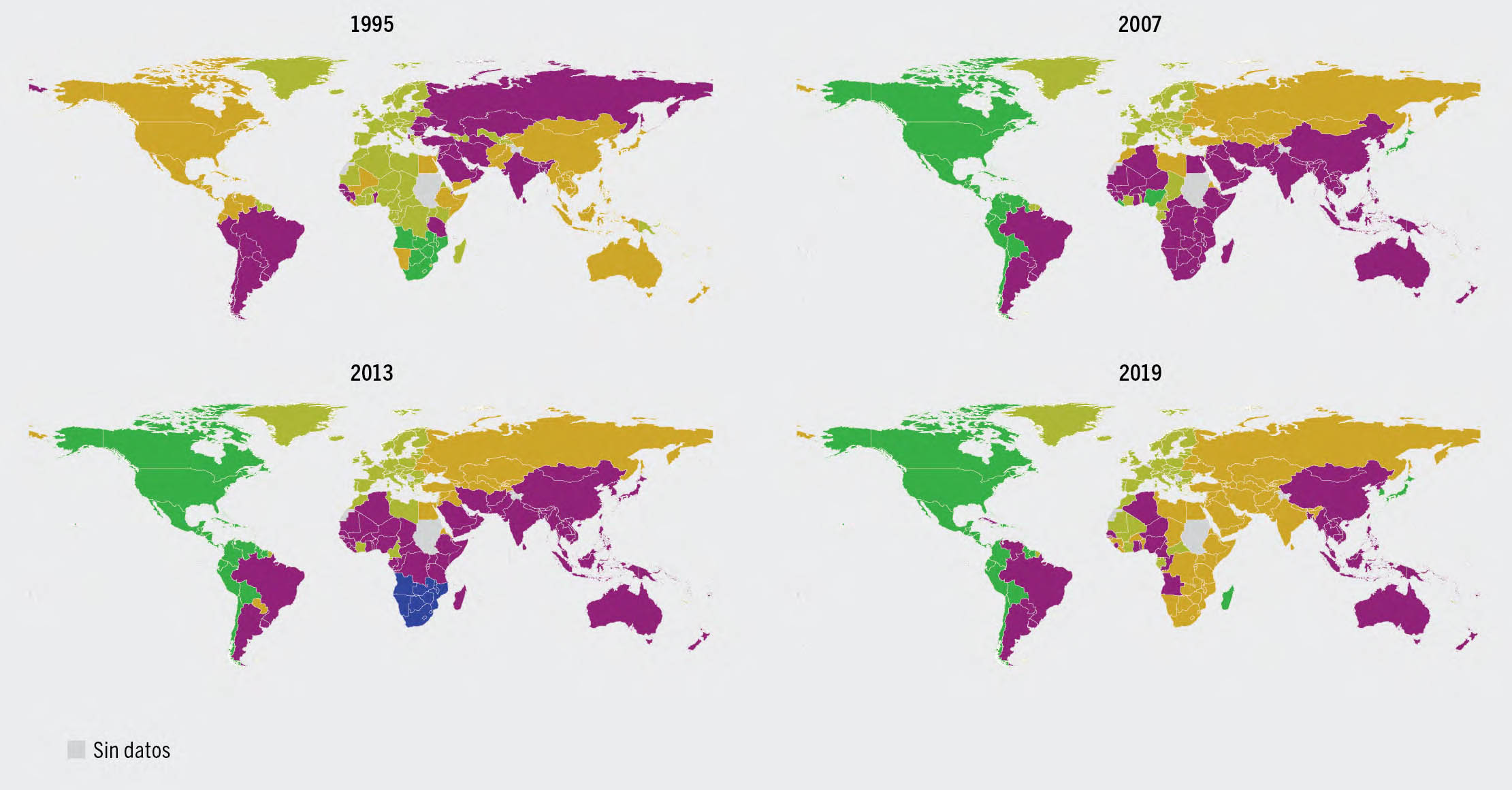 FUENTE: Jafari, Y., Engemann, H. y Zimmermann, A. 2022. The evolution of the global structure of food and agricultural trade: Evidence from network analysis. Documento de antecedentes elaborado para El estado de los mercados de productos básicos agrícolas 2022. Roma, FAO. De conformidad con el mapa n.º 4170 Rev. 19 de las Naciones Unidas (octubre de 2020).