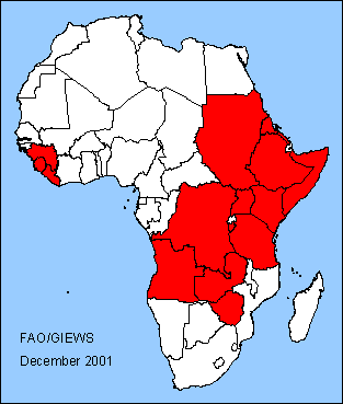 Map of countries facing exceptional food emergencies