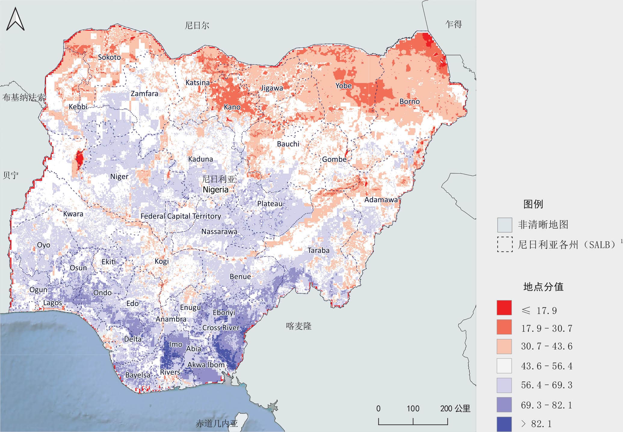 资料来源：整理自Ribeiro, N.。2021。“地理信息系统多标准决策分析—尼日利亚的淡水养鱼”的图5。罗马，粮农组织。内部文件。引自2022年4月13日。https://sdlc.review.fao.org/confluence/download/attachments/4752761/MCDA_NGA_FishFarming_V1.4.pdf?api=v2