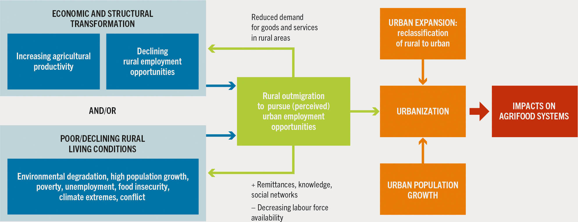 A flow chart conceptualized the drivers of migration from rural to urban areas and how it, jointly with the urban growth and urban population growth, are driving urbanization