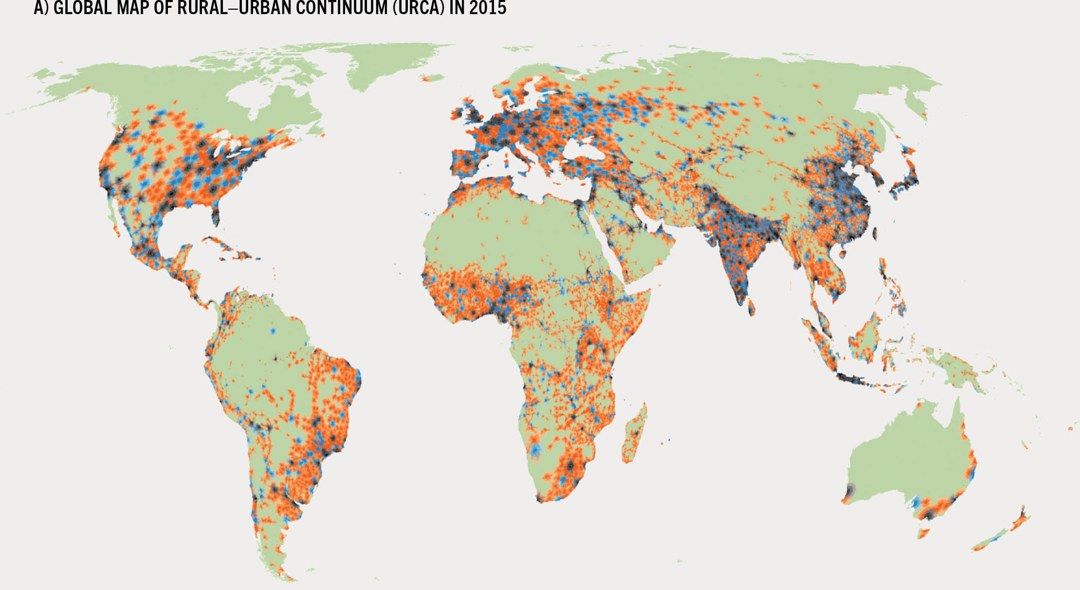 A global mapping of the URCA categories of rural–urban continuum in 2015 around the world.