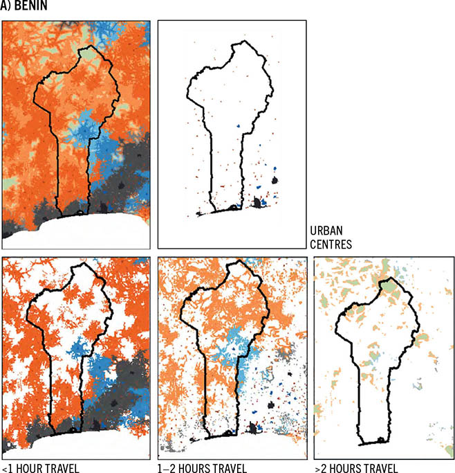 Five color-coded maps show the different patterns of urbanization in Benin. 