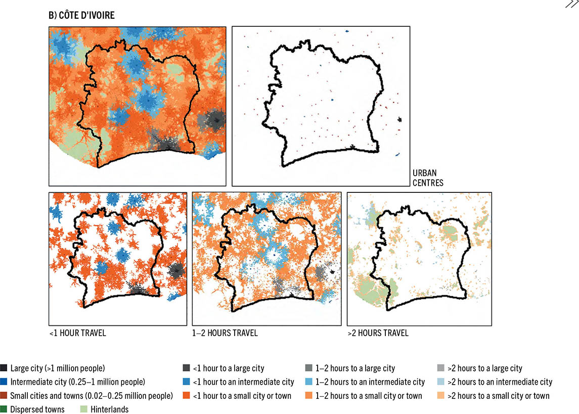 Five color-coded maps show the different patterns of urbanization in Côte D'Ivoire.