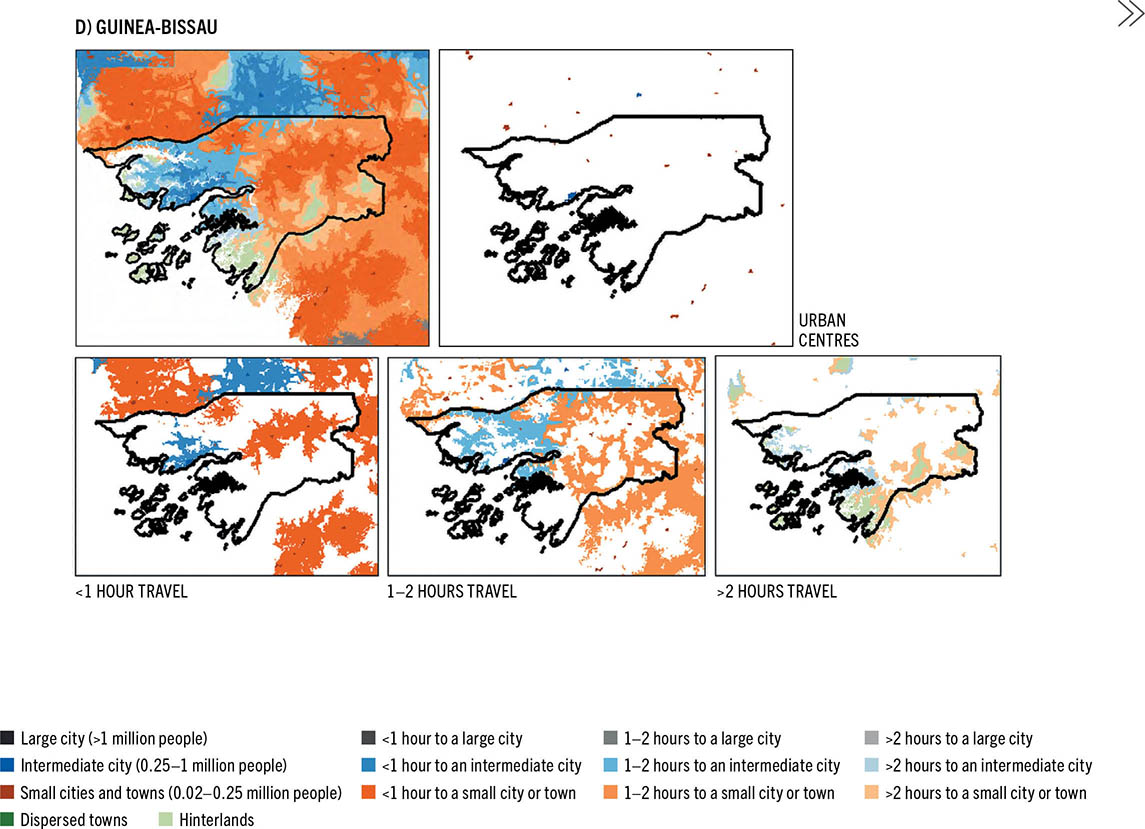 Five color-coded maps show the different patterns of urbanization in Guinea-Bissau.