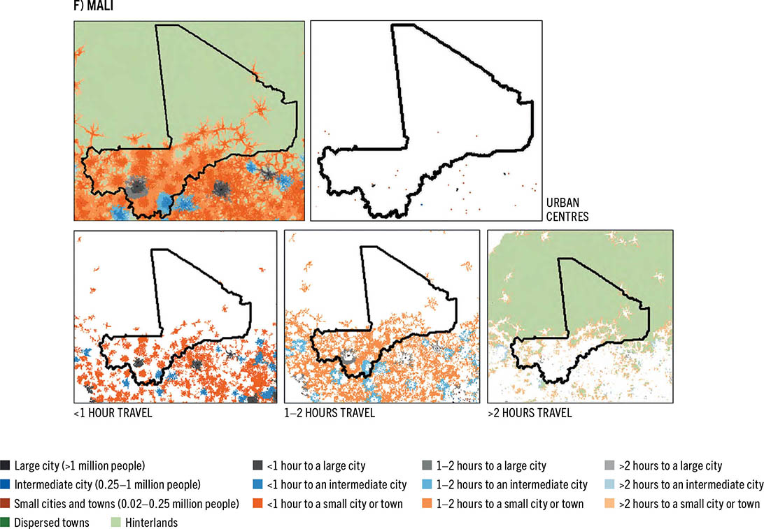 Five color-coded maps show the different patterns of urbanization in Mali.