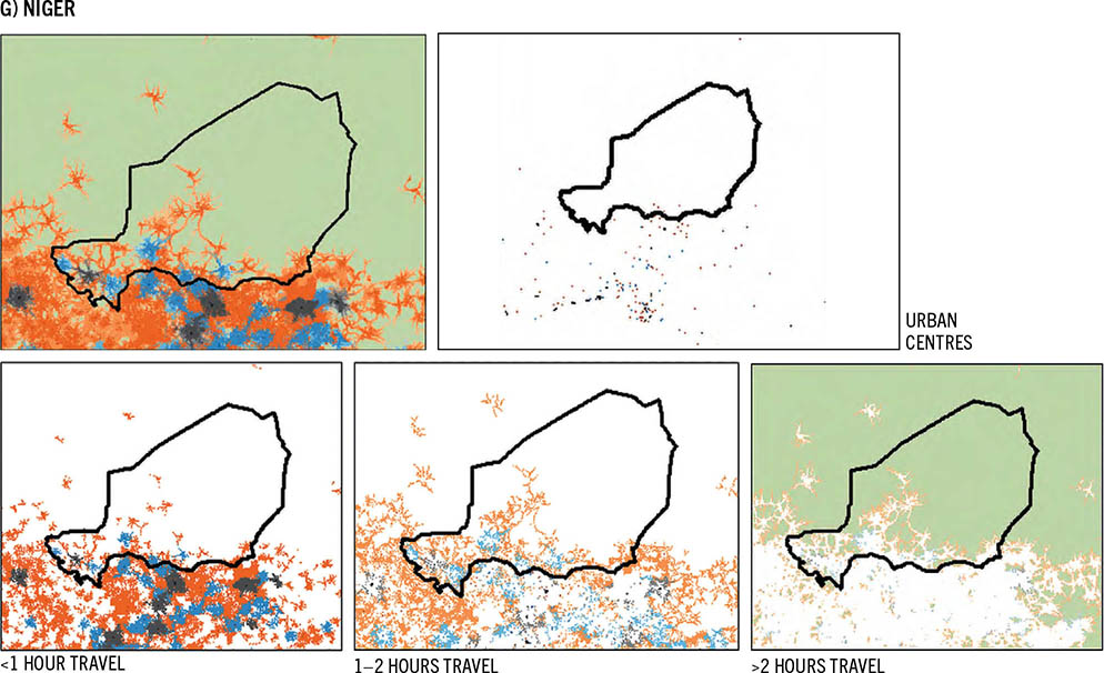 Five color-coded maps show the different patterns of urbanization in Niger.