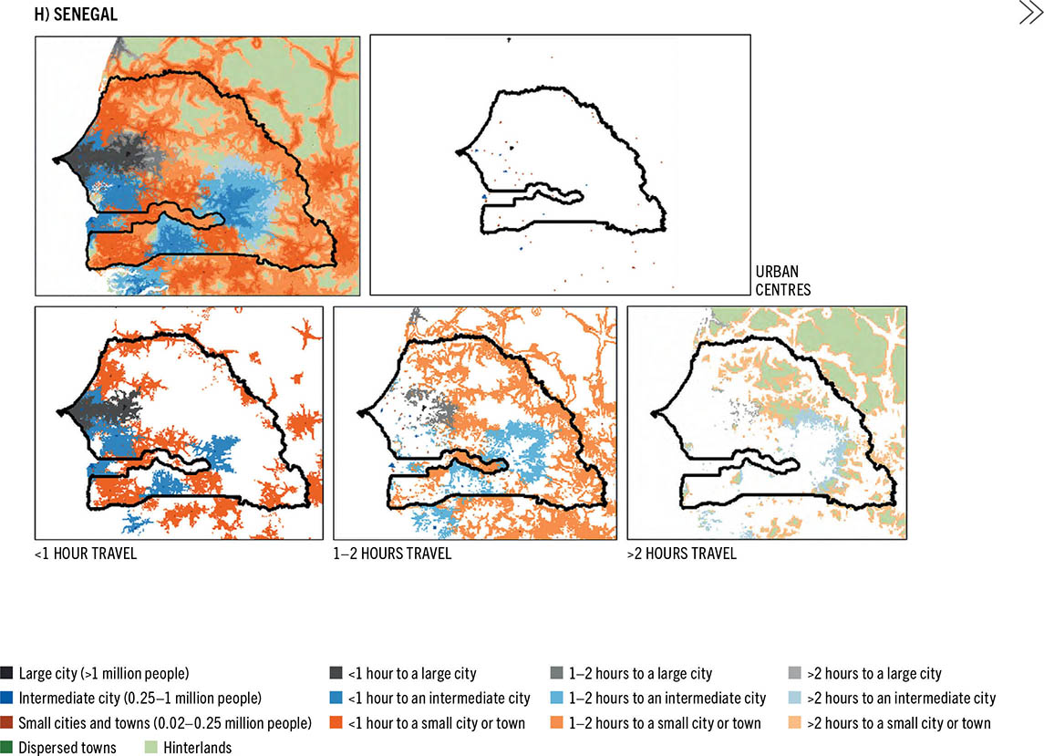 Five color-coded maps show the different patterns of urbanization in Senegal.