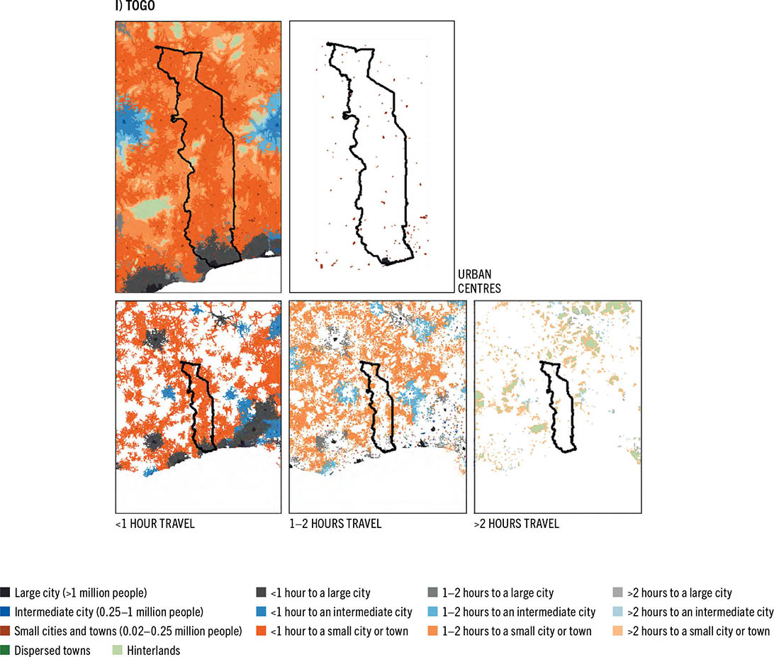 Five color-coded maps show the different patterns of urbanization in Togo.