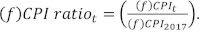 left parenthesis f right parenthesis upper C upper P upper I ratio subscript t baseline equals left parenthesis StartFraction left parenthesis f right parenthesis upper C upper P upper I subscript t baseline Over left parenthesis f right parenthesis upper C upper P upper I subscript 2017 baseline EndFraction right parenthesis