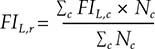 Upper F upper I Subscript upper L, r  Baseline equals StartFraction Summation Subscript c Baseline upper F upper I Subscript upper L, c Baseline times upper N Subscript c Baseline Over summation Subscript c Baseline upper N Subscript c Baseline EndFraction