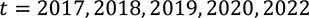 t equals 2017 comma 2018 comma  2019 comma  2020 comma 2022