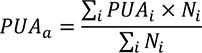 Upper PUA Subscript a Baseline equals StartFraction summation Subscript i Baseline upper PUA Subscript i Baseline times upper N Subscript i Baseline Over summation Subscript i Baseline upper N Subscript i Baseline EndFraction