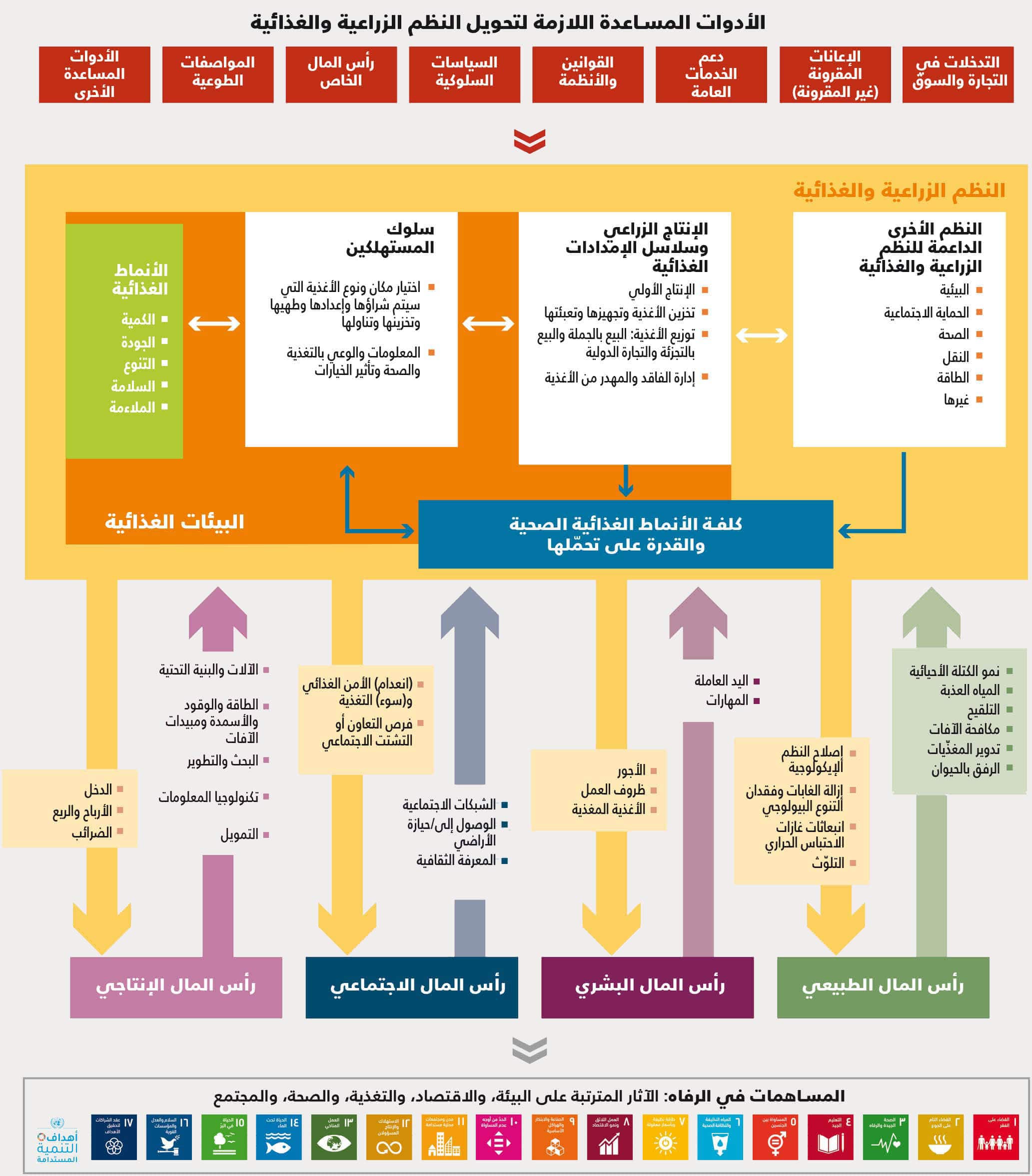 المصادر: مقتبسة من: منظمة الأغذية والزراعة والصندوق الدولي للتنمية الزراعية وبرنامج الأغذية العالمي ومنظمة الصحة العالمية. 2022. حالة الأمن الغذائي والتغذية في العالم 2022. إعادة توجيه السياسات الغذائية والزراعية لزيادة القدرة على تحمل كلفة الأنماط الغذائية الصحية. روما، منظمة الأغذية والزراعة. https://doi.org/10.4060/cc0639ar؛ TEEB. 2018. TEEB for Agriculture & Food: Scientific and Economic Foundations. Geneva, Switzerland, UN Environment. https://teebweb.org/wp-content/uploads/2018/11/Foundations_Report_Final_October.pdf