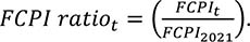 Upper FCPI ratio Subscript t Baseline equals left parenthesis StartFraction upper FCPI Subscript t Baseline Over upper FCPI Subscript 2021 Baseline EndFraction right parenthesis.