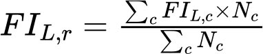 An equation reads, F I subscript L, r (Food Insecurity indicator for region r at level L) equals Summation subscript c (Summation over all subgroups c) F I subscript L,c (Food Insecurity indicator for subgroup c at level L) into N subscript c over summation subscript c N subscript c (Population size (or weight) of subgroup c).