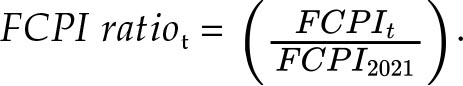 An equation defining the F C P I (Food Consumer Price Index) ratio as the ratio of F C P I at time t to F C P I in 2021.