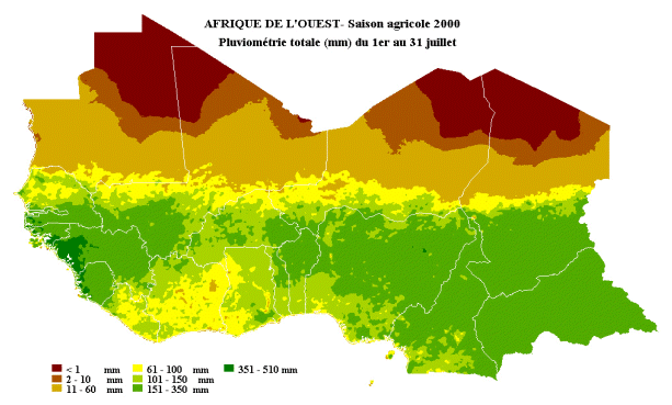 Carte de pluviométrie totale du 1er au 31 juillet 2000