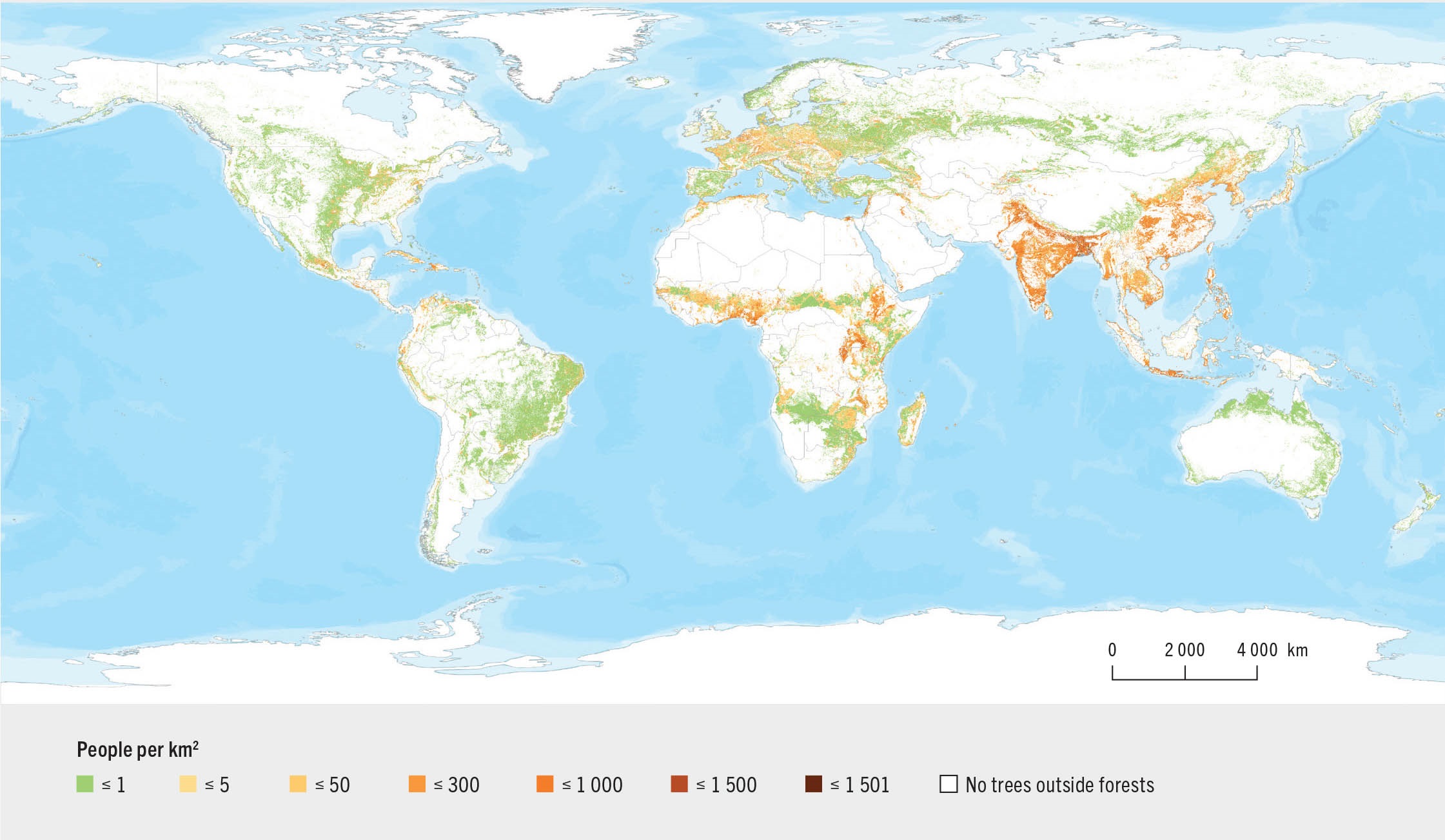 SOURCES: 100 m resolution global population density data obtained from: WorldPop. Undated. Open spatial demographic data and research [online]. [Cited 14 January 2022]. https://www.worldpop.org/; 100 m resolution global tree-cover fraction data obtained from Copernicus Global Land Cover: Buchhorn, M., Lesiv, M., Tsendbazar, N.-E., Herold, M., Bertels, L. & Smets, B. 2020. Copernicus Global Land Cover Layers—Collection 2. Remote Sensing, 12(6): 1044. https://doi.org/10.3390/rs12061044; 500 m resolution agricultural land-cover data obtained from MODIS Land Cover (MCD12Q1.006) to generate spatial overlays that identified population subsets near agricultural lands with trees outside forests in 2019: Friedl, M. & Sulla-Menashe, D. 2019. MCD12Q1 MODIS/Terra+Aqua Land Cover Type Yearly L3 Global 500m SIN Grid V006. NASA EOSDIS Land Processes DAAC. [Cited 19 January 2022]. https://lpdaac.usgs.gov/products/mcd12q1v006/. Google Earth Engine was used for the analysis.