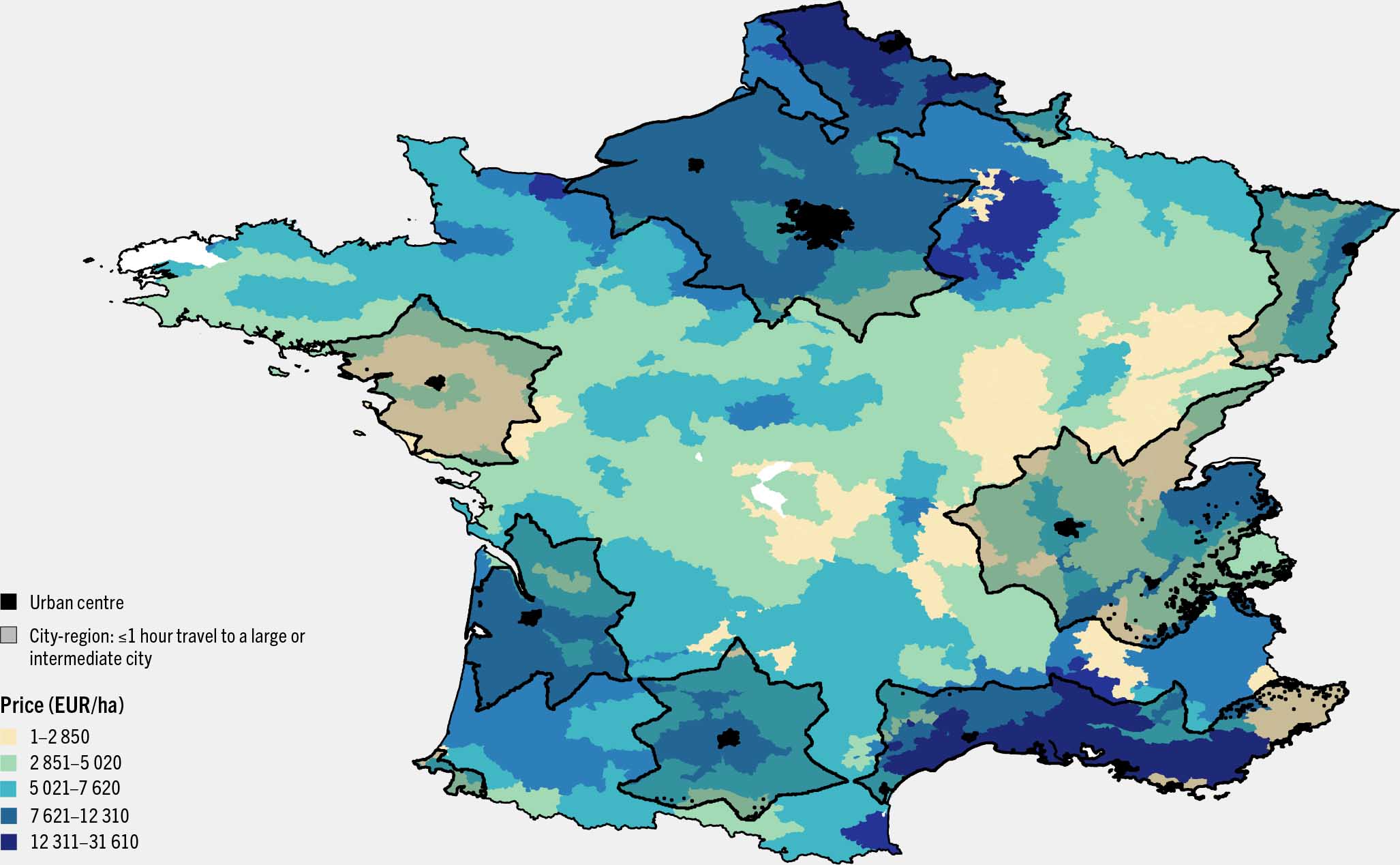 Map of France showing agricultural land prices and proximity to city-regions defined as areas within 1 hour of travel to large or intermediate cities: farmland closer to city-regions tends to be more expensive, highlighting the influence of urban proximity on land values.