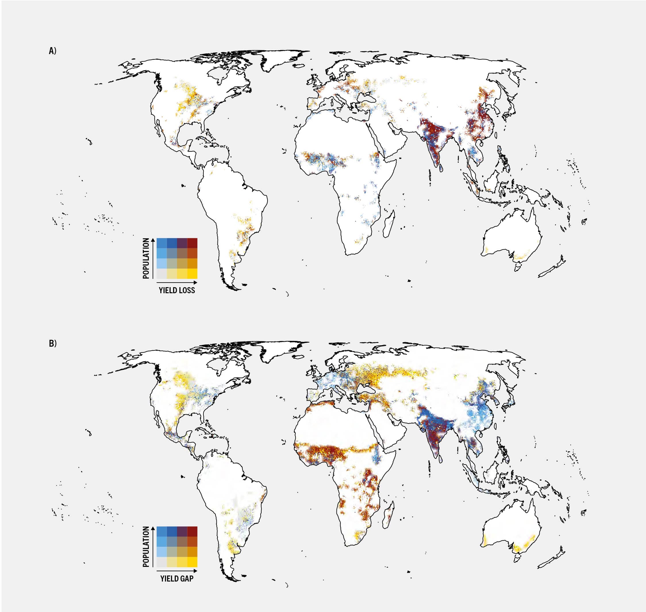 World map showing population hotspots exposed to degradation-induced yield losses: major hotspots in Southern Asia, parts of sub-Saharan Africa and East Asia. World map showing population hotspots exposed to all-cause yield gaps: largest concentrations in Southern Asia, with additional hotspots in sub-Saharan Africa and East Asia.