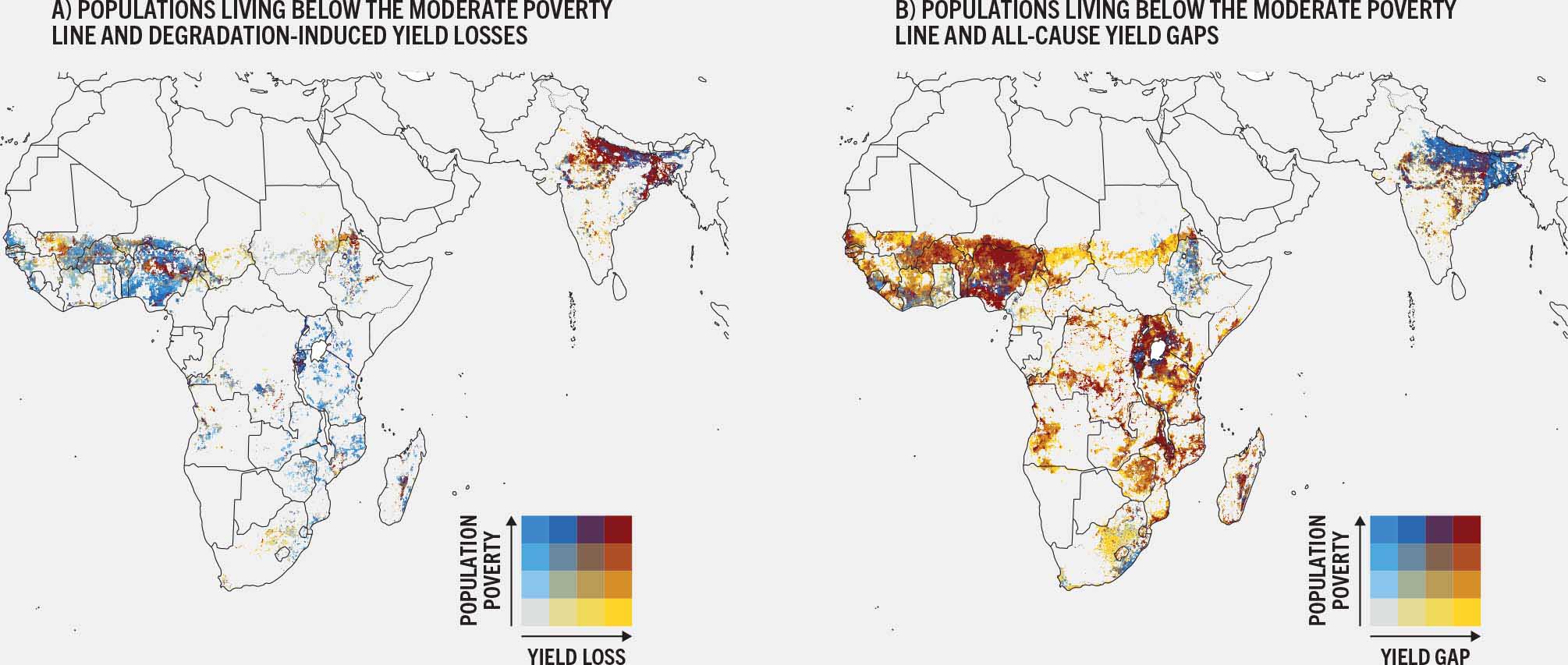 Map showing populations living below the moderate poverty line and exposed to degradation-induced yield losses: major hotspots in parts of sub-Saharan Africa and South Asia. Map showing populations living below the moderate poverty line and exposed to all-cause yield gaps: extensive hotspots in sub-Saharan Africa and South Asia.