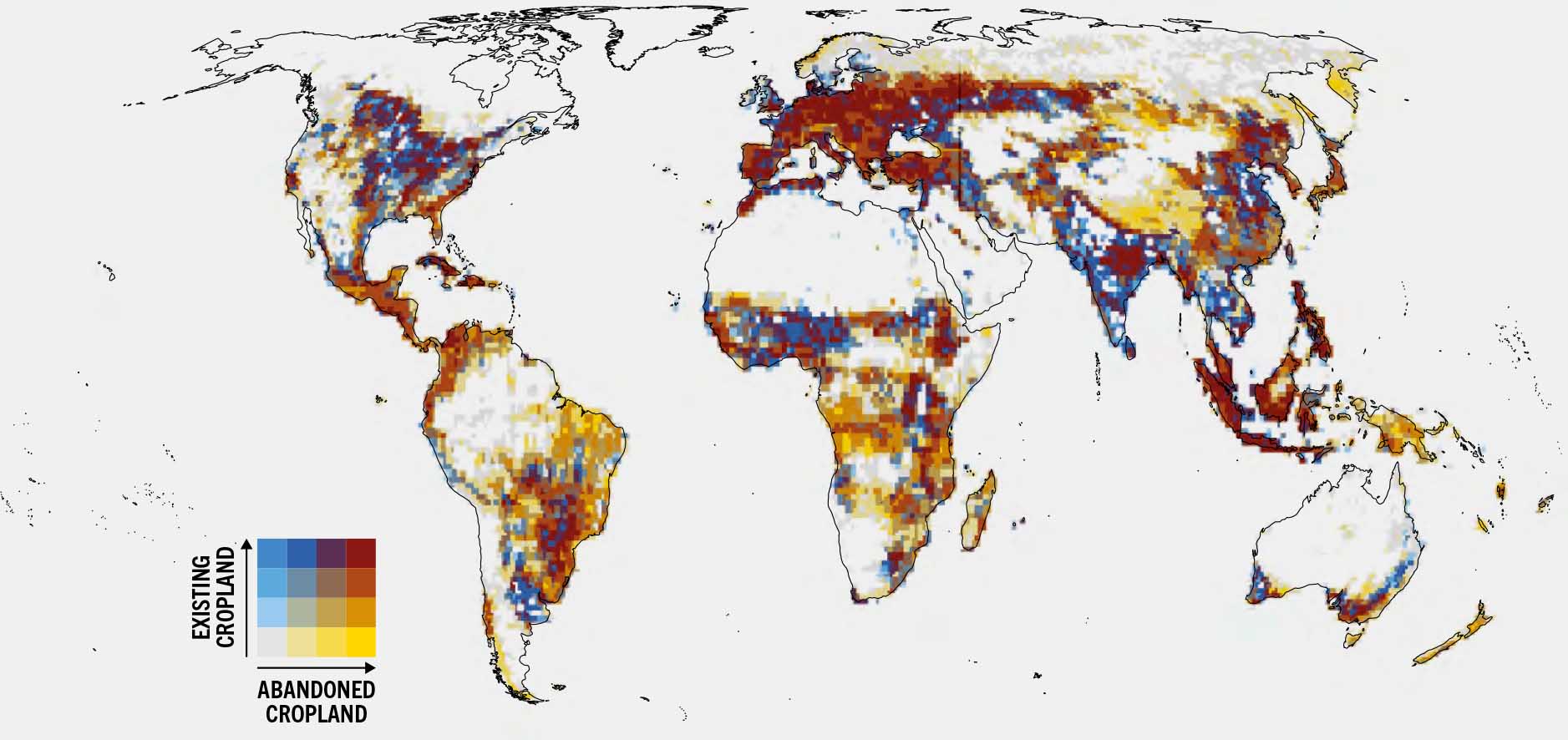 Map showing hotspots of abandoned cropland from 1992 to 2015 and existing cropland in 2020: abandoned cropland concentrated in parts of Eastern Europe, Central Asia and North America, with scattered areas in South America and East Asia.