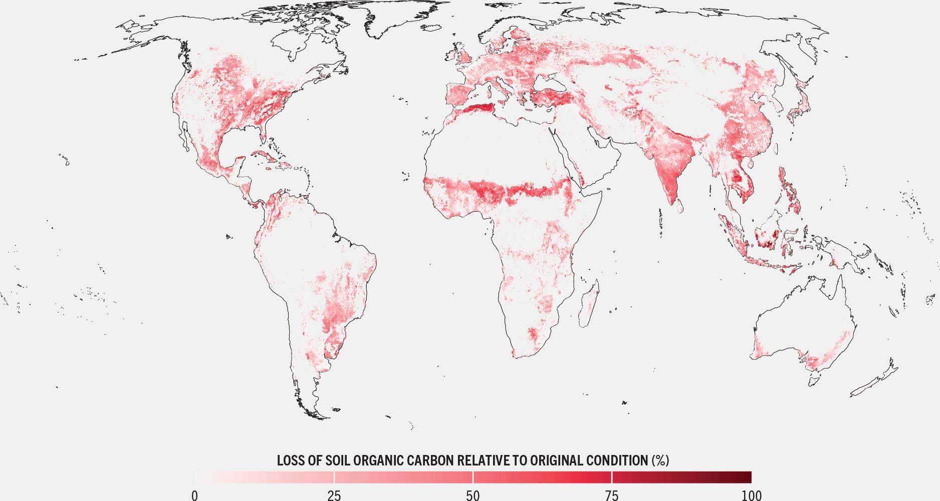 Global map showing soil organic carbon debt as a percentage of native conditions: severe degradation is visible in high-income countries with large farms, such as the United States of America and parts of Europe, as well as in regions with predominantly small farms, including South-eastern and Southern Asia. 