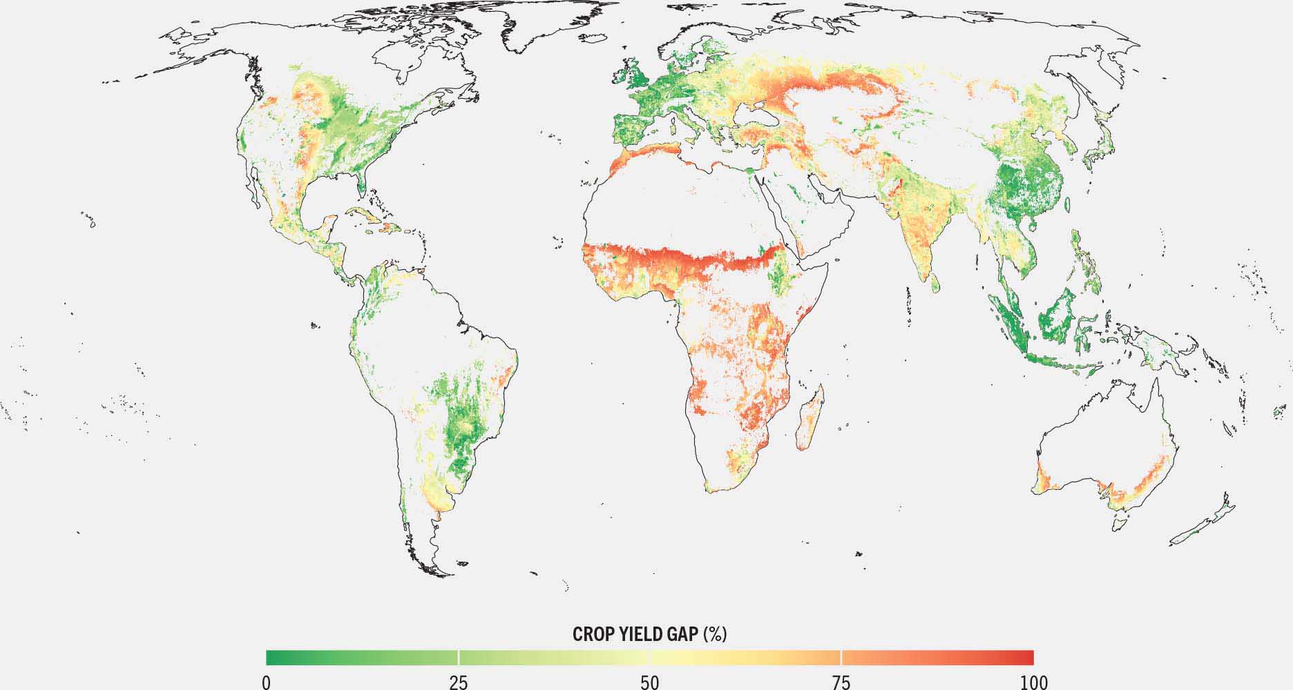 Map showing agroecological yield gaps for ten major crops in 2020: largest gaps in parts of sub-Saharan Africa, Southern Asia and across Eastern Europe, Northern Africa and Western Asia, and Central Asia; smaller gaps in Latin America, Eastern Asia and North America.