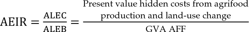 A E I R equals StartFraction A L E C Over A L E B EndFraction equals StartFraction Present value hidden costs from agrifood production and land-use change Over G V A A F F