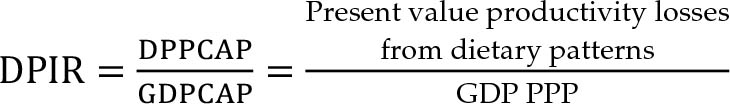 A E I R equals StartFraction D P P C A P Over G D P C A P EndFraction equals StartFraction Present value productivity losses from dietary patterns Over G D P P P P