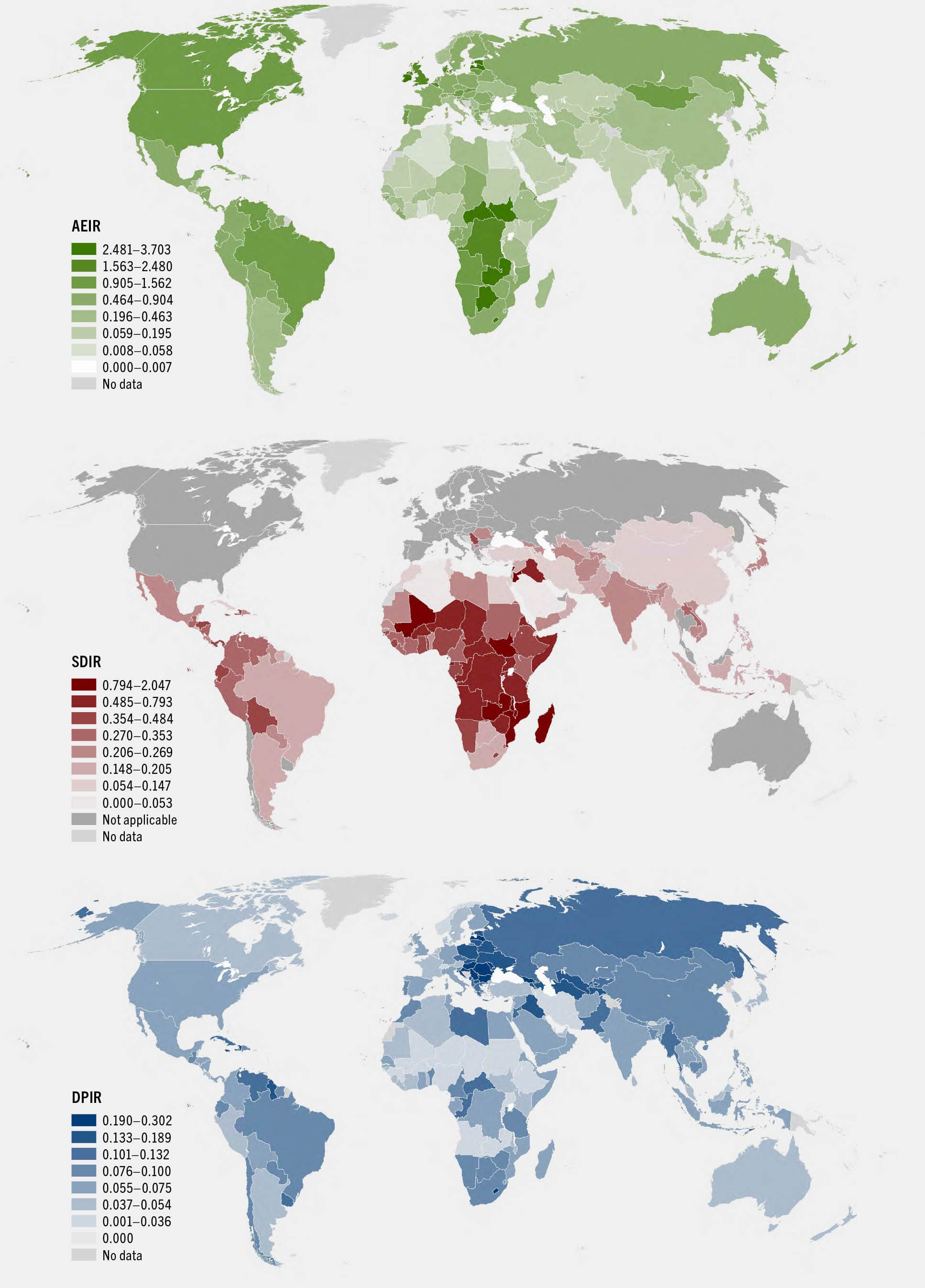 Three color-coded maps mark three indicators of hidden costs in global agrifood systems for the year 2020.