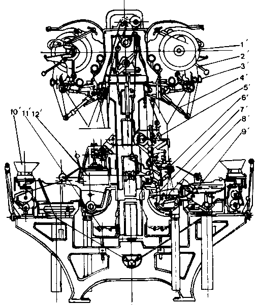 Side view of automatic reeling section 1. Small reel, 2. Rotating device, 3. Traverser, 4. Stop motion, 5. Denier indicator, 6. Jetboute, 7. Shatter for reeling cocoons, 8. Reeling basin, 9. Arranging basin, 10. Cocoon supplying basket, 11. Conveyor gutter, 12. Rotating device for jetboute.