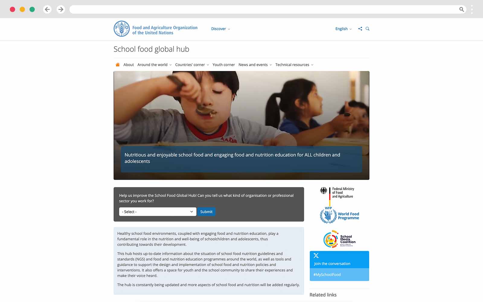 FAO webpage carring a story on the school-food global hub