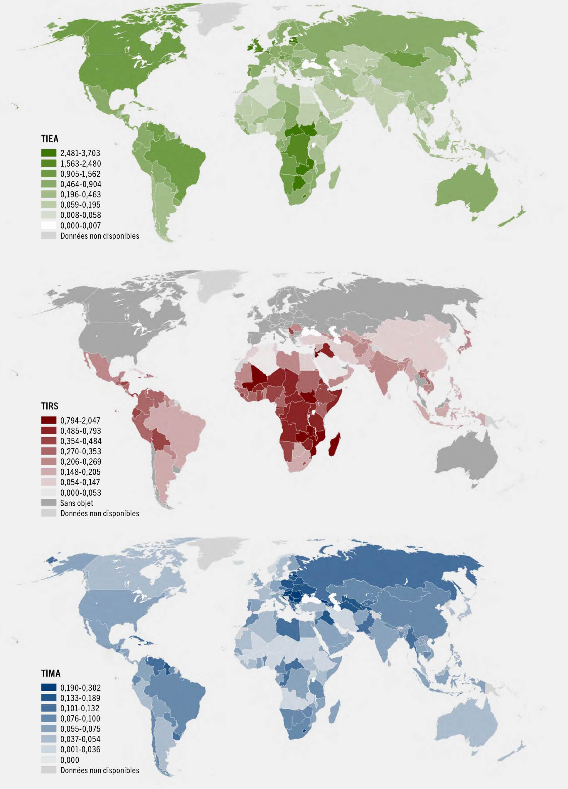 NOTES: TIEA = taux d’incidence des externalités agricoles; TIMA = taux d’incidence des modes d’alimentation; TIRS = taux d’incidence de la répartition sociale. Les valeurs correspondent à une moyenne sur la période 2016-2020. Cette moyenne est convertie en USD en PPA de 2020 pour qu’il y ait cohérence avec le numérateur. Pour l’indicateur TIRS, la mention «sans objet» concerne les cas où moins de 2 pour cent de la population se situe sous le seuil de pauvreté modérée. On trouvera à l’annexe 2 les résultats de l’ensemble des pays. SOURCE: Lord, S. 2023. Hidden costs of agrifood systems and recent trends from 2016 to 2023. Document de base établi aux fins de l’élaboration de La Situation mondiale de l’alimentation et de l’agriculture 2023. Étude technique de la FAO sur l’économie du développement agricole n° 31. Rome, FAO.