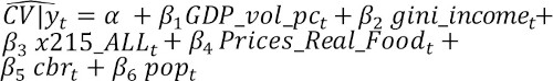 upper C upper V vertical bar y subscript t baseline overscript double inverted breve Endscript equals alpha plus beta subscript 1 baseline GDP underscore vol underscore p c subscript t baseline plus beta subscript 2 baseline gini underscore income subscript t baseline plus beta subscript 3 baseline x 215 underscore ALL subscript t baseline plus beta subscript 4 baseline Prices underscore Real underscore Food subscript t baseline plus beta subscript 5 baseline c b r subscript t baseline plus beta subscript 6 baseline pop subscript t baseline 