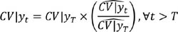 upper C upper V vertical bar y subscript t baseline equals upper C upper V vertical bar y subscript upper T baseline times left parenthesis StartFraction upper C upper V vertical bar y subscript t baseline overscript double inverted breve Endscript Over upper C upper V vertical bar y subscript upper T baseline overscript double inverted breve Endscript EndFraction right parenthesis, for all t greater than upper T