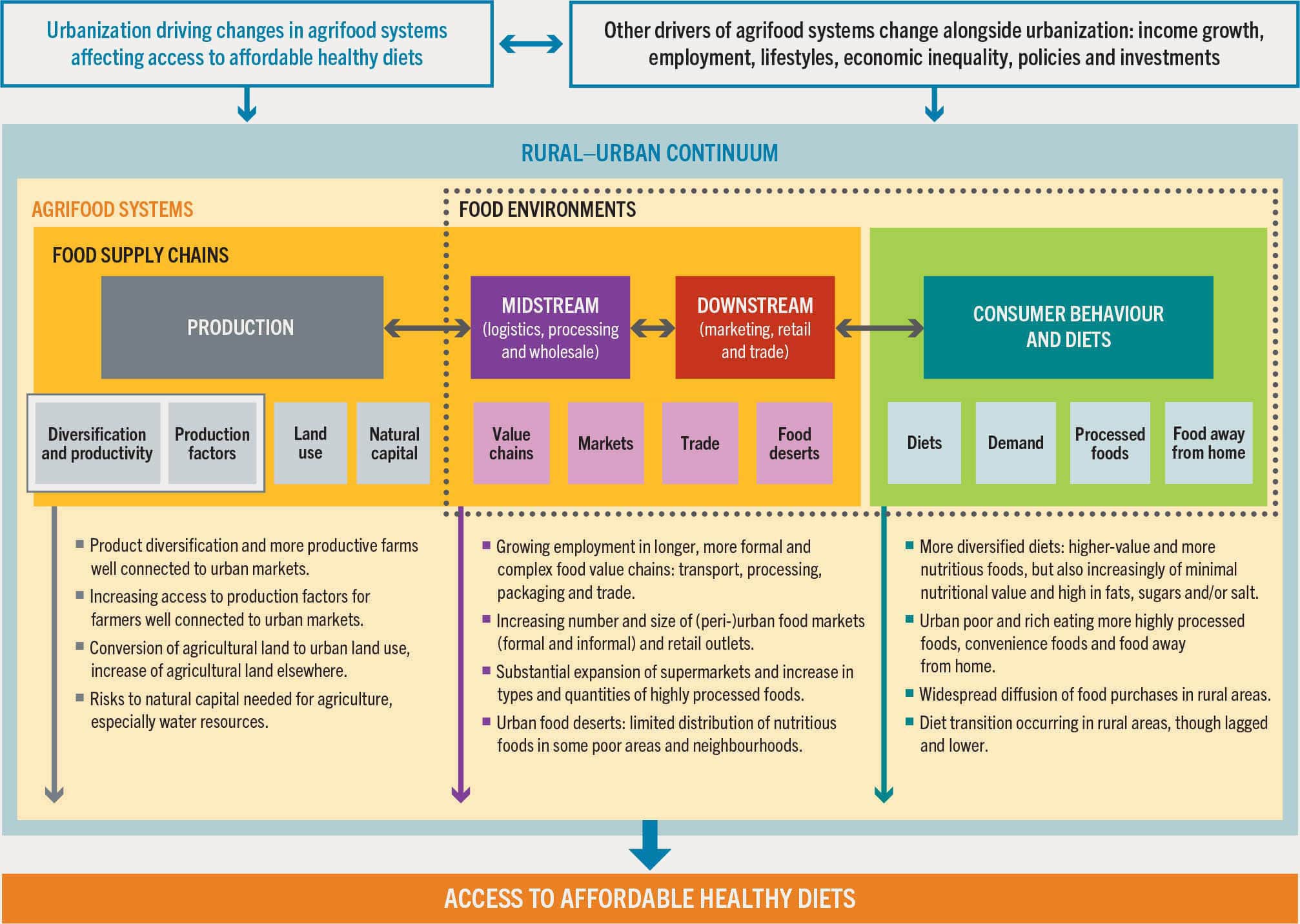 A presentation of a conceptual framework for understanding the different pathways through which urbanization is driving changes in agrifood systems, which in turn affect the access to affordable healthy diets.