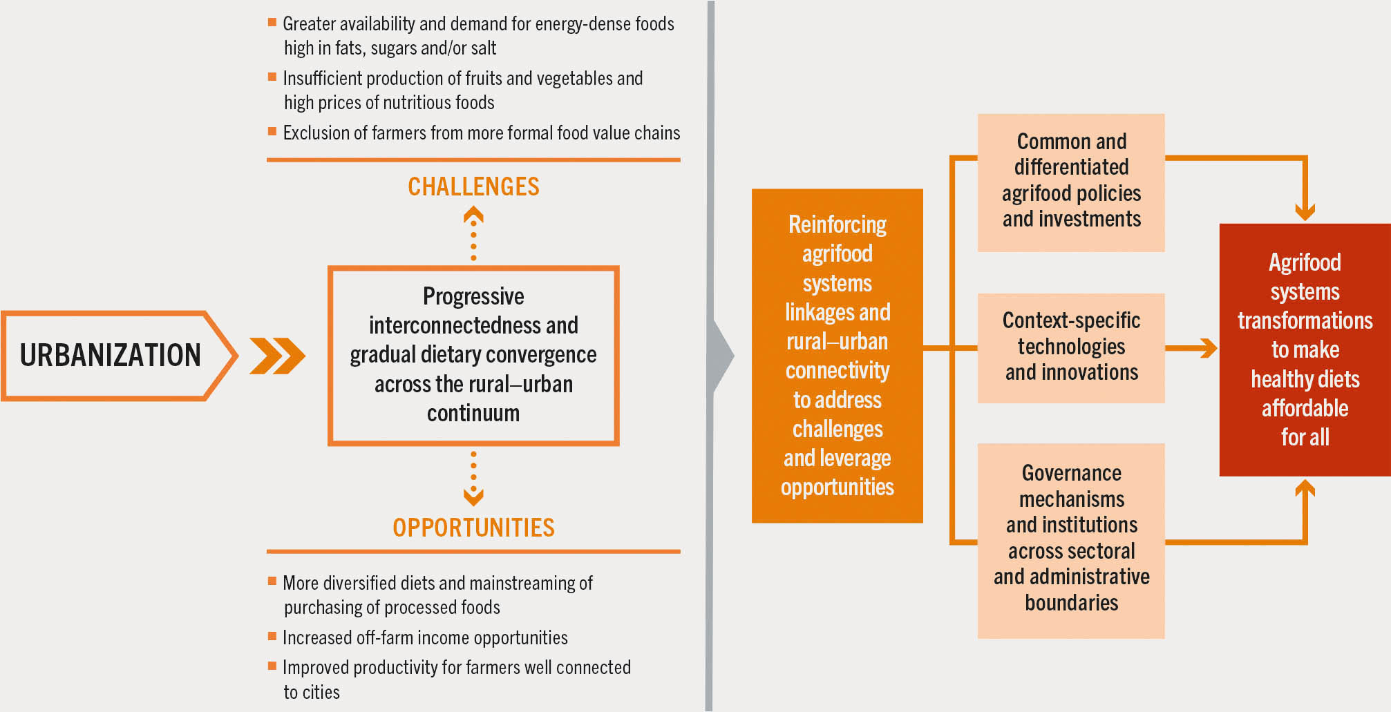 A chart illustrates how reinforcing agrifood systems linkages and rural–urban connectivity can allow countries to address the challenges and leverage the opportunities that urbanization creates in agrifood systems to make healthy diets affordable across the rural–urban continuum.