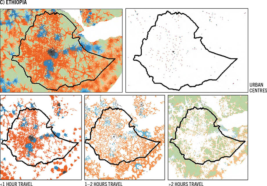 Five color-coded maps show the different patterns of urbanization in Ethiopia.