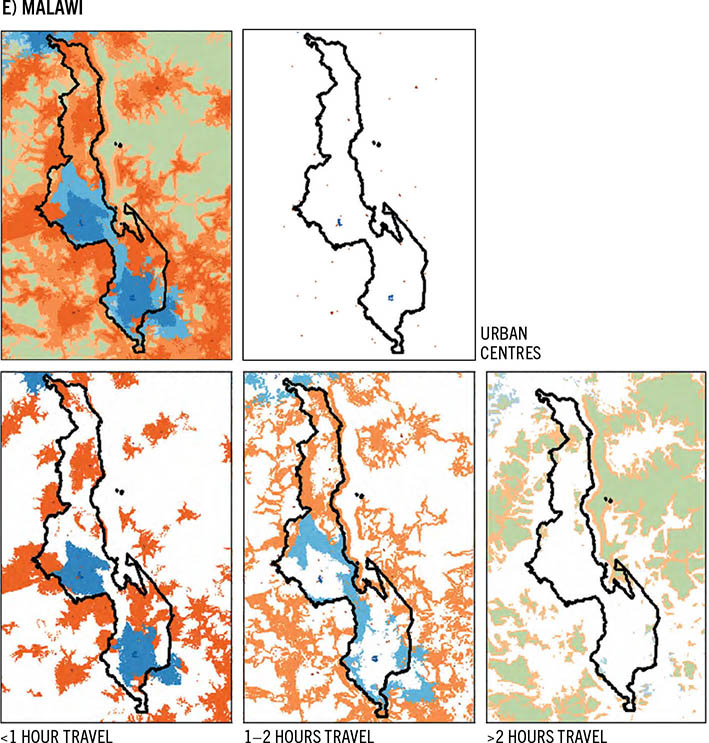 Five color-coded maps show the different patterns of urbanization in Malawi.