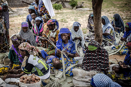 NIGER – Un groupe de femmes fait de la vannerie et ouvre des noix de variété locale.