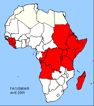 Carte des pays affectés par des situations d'urgence alimentaire exceptionnelles