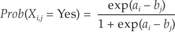 Prob left parenthesis upper X subscript i, j baseline equals Yes right parenthesis equals StartFraction exp left parenthesis a subscript i baseline minus b subscript j baseline right parenthesis Over 1 plus exp left parenthesis a subscript i baseline minus b subscript j baseline right parenthesis EndFraction